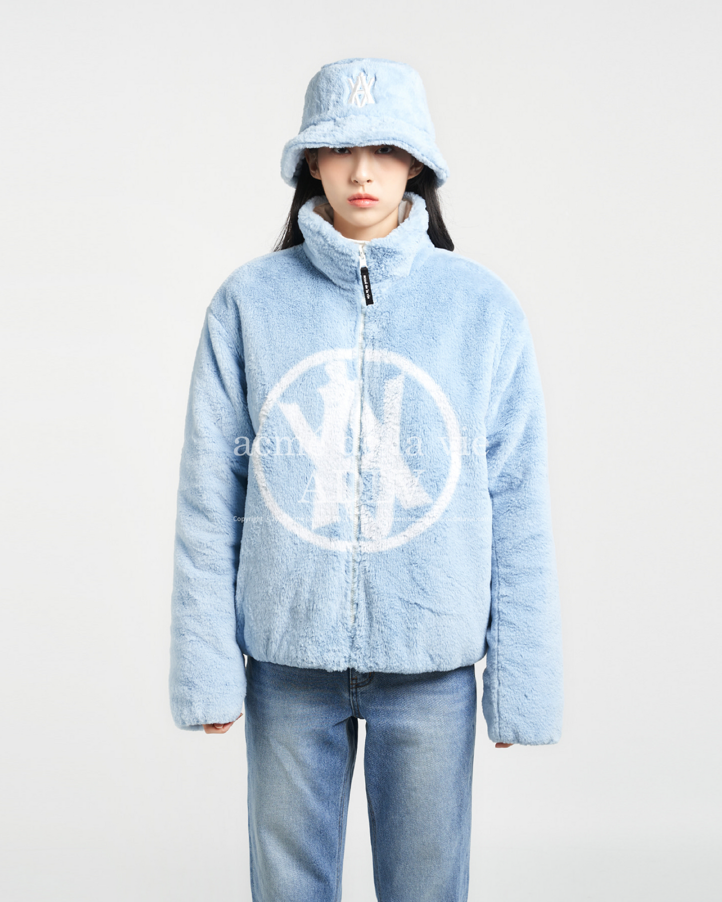 REVERSIBLE A LOGO EMBLEM FAKE FUR JACKET SKY BLUE