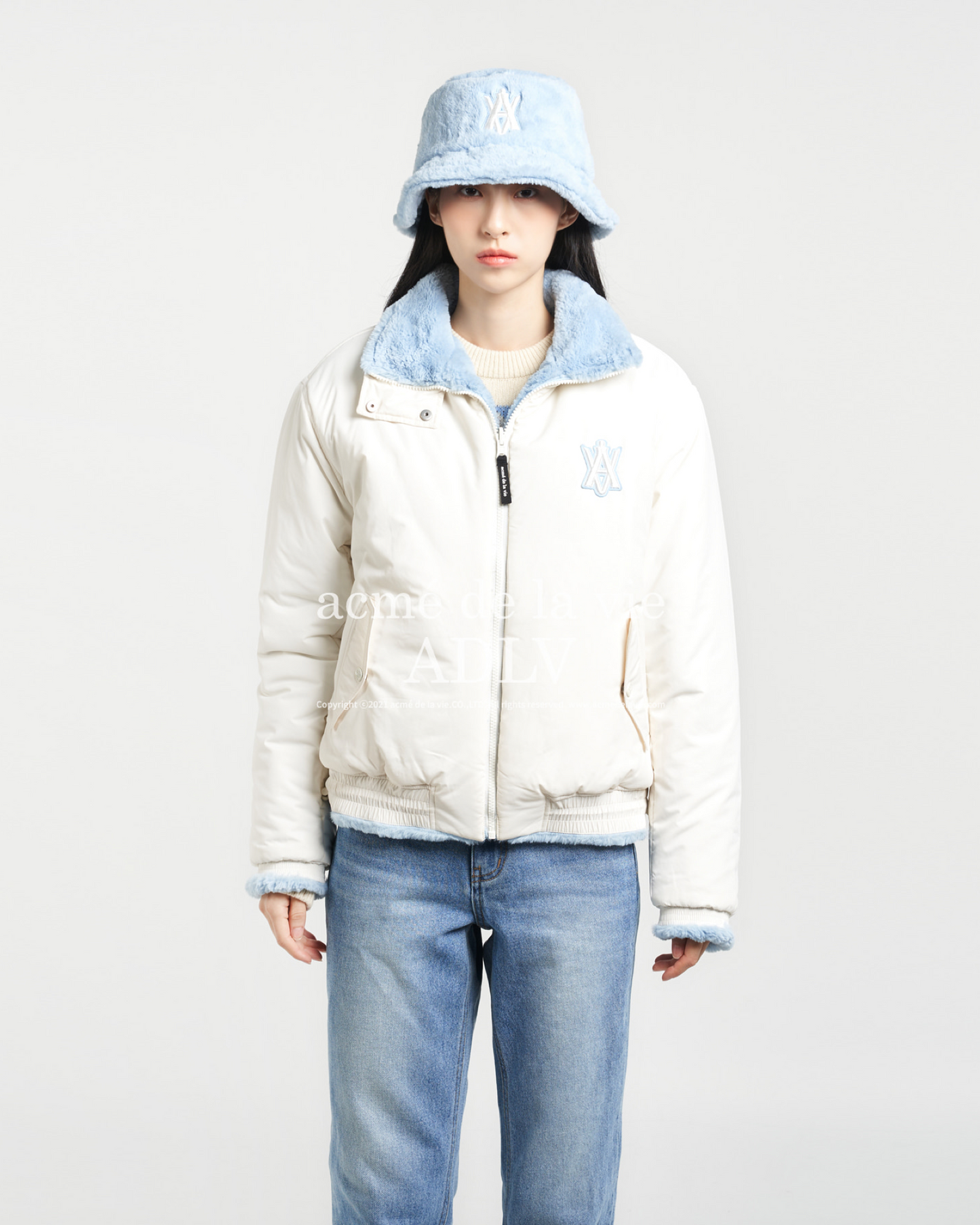 REVERSIBLE A LOGO EMBLEM FAKE FUR JACKET SKY BLUE