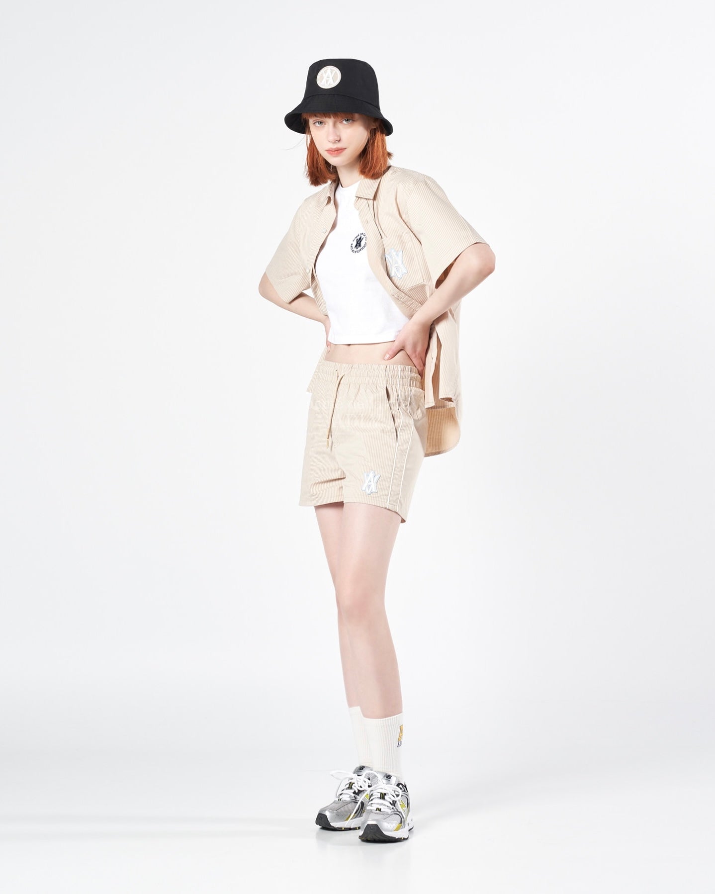 ADLV x LISA A LOGO EMBLEM PATCH STRIPE SHORT SLEEVE SHIRT (BEIGE)