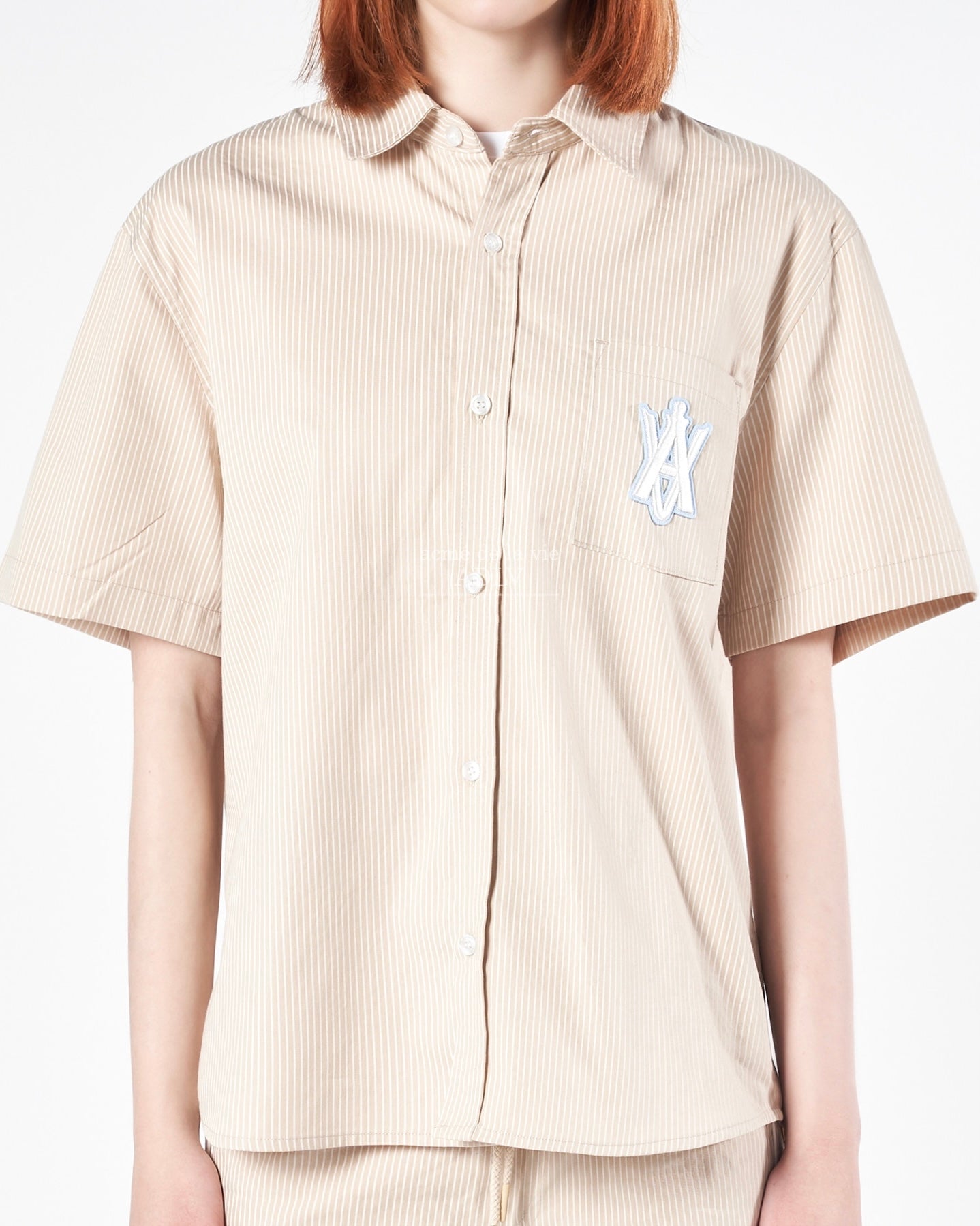 ADLV x LISA A LOGO EMBLEM PATCH STRIPE SHORT SLEEVE SHIRT (BEIGE)