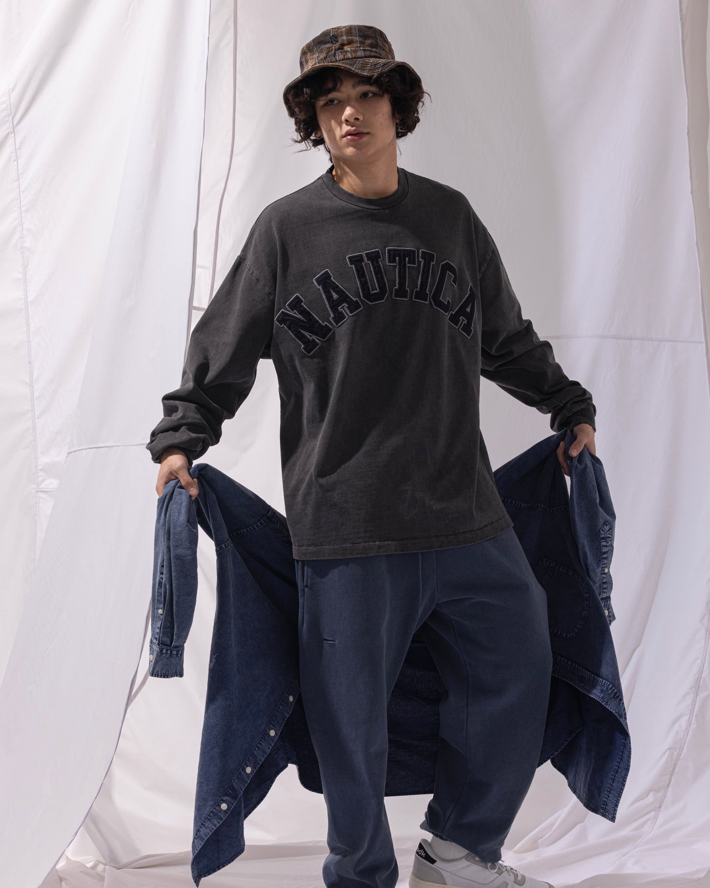 NAUTICA L/S T-SHIRTS TOO HEAVY GARMENT DYED ARCHLOGO L/S TEE (CHARCOAL, 01C)
