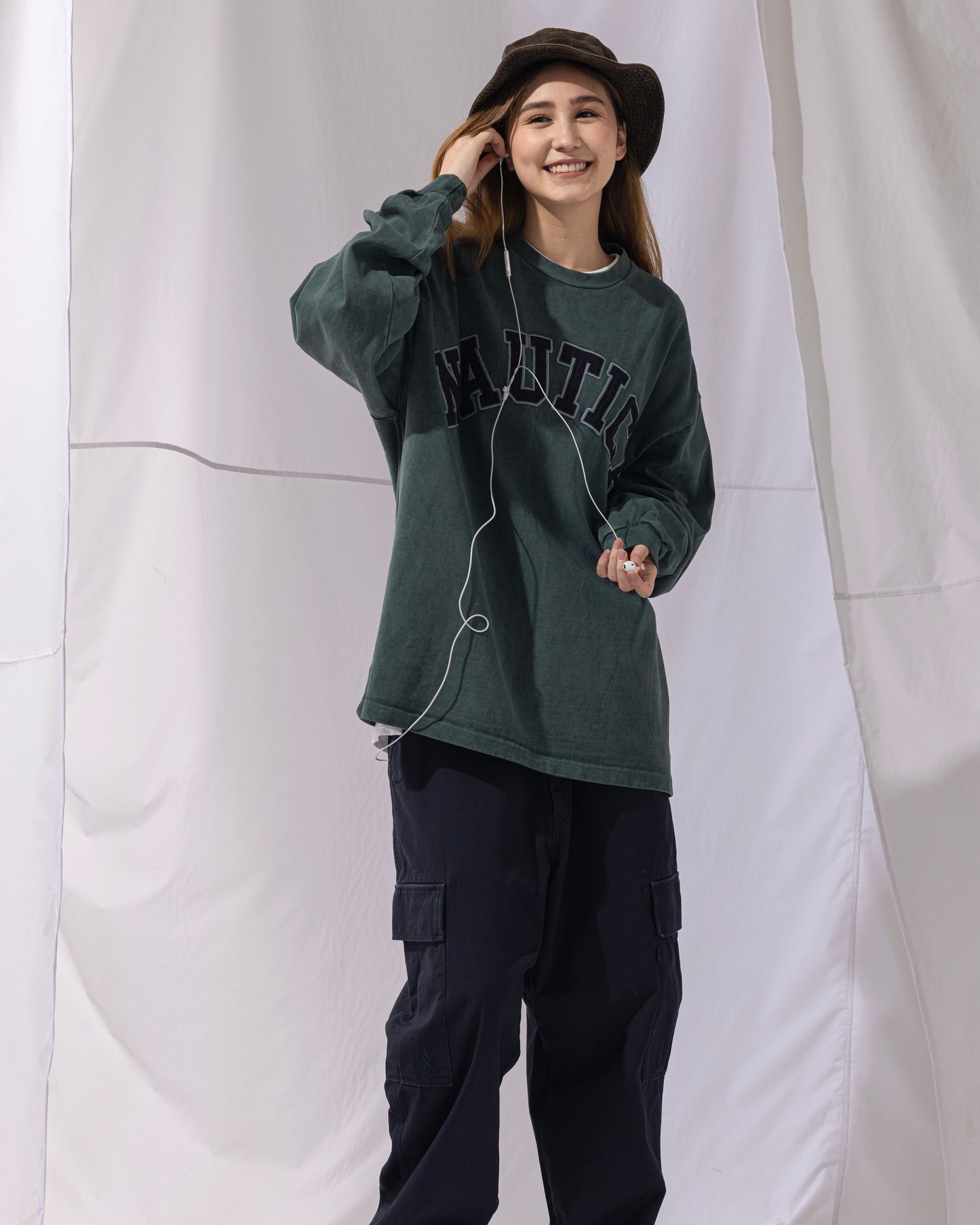 NAUTICA L/S T-SHIRTS TOO HEAVY GARMENT DYED ARCHLOGO L/S TEE (GREEN, 3UE)