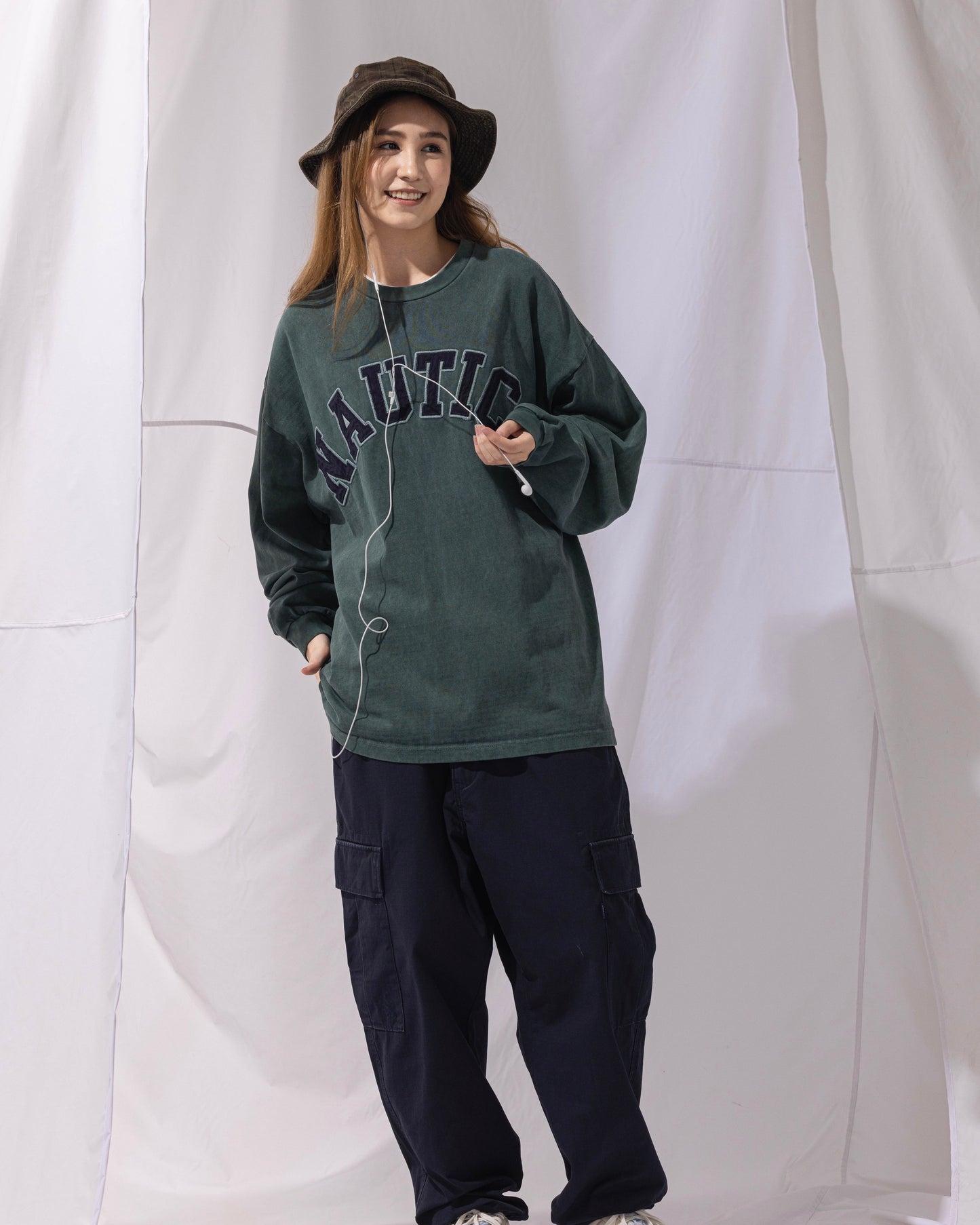 NAUTICA L/S T-SHIRTS TOO HEAVY GARMENT DYED ARCHLOGO L/S TEE (GREEN, 3UE)