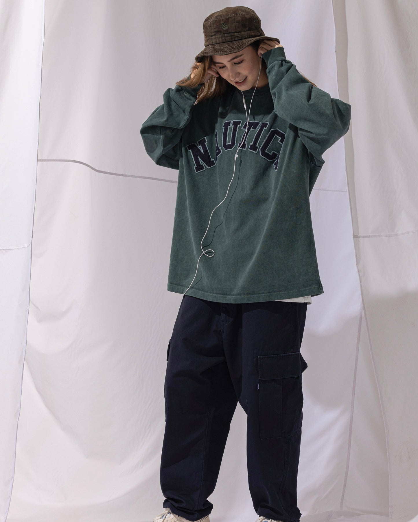 NAUTICA L/S T-SHIRTS TOO HEAVY GARMENT DYED ARCHLOGO L/S TEE (GREEN, 3UE)