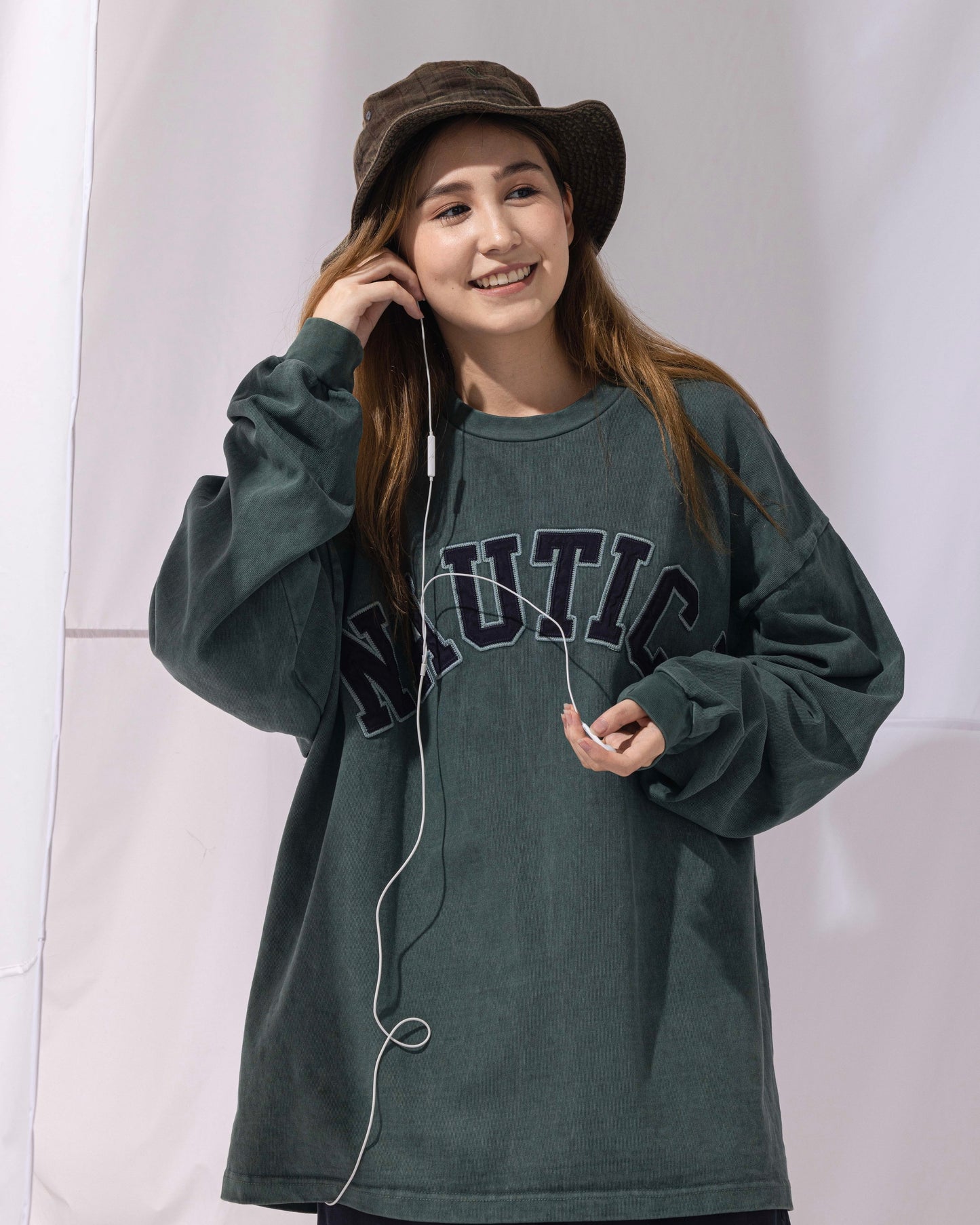 NAUTICA L/S T-SHIRTS TOO HEAVY GARMENT DYED ARCHLOGO L/S TEE (GREEN, 3UE)