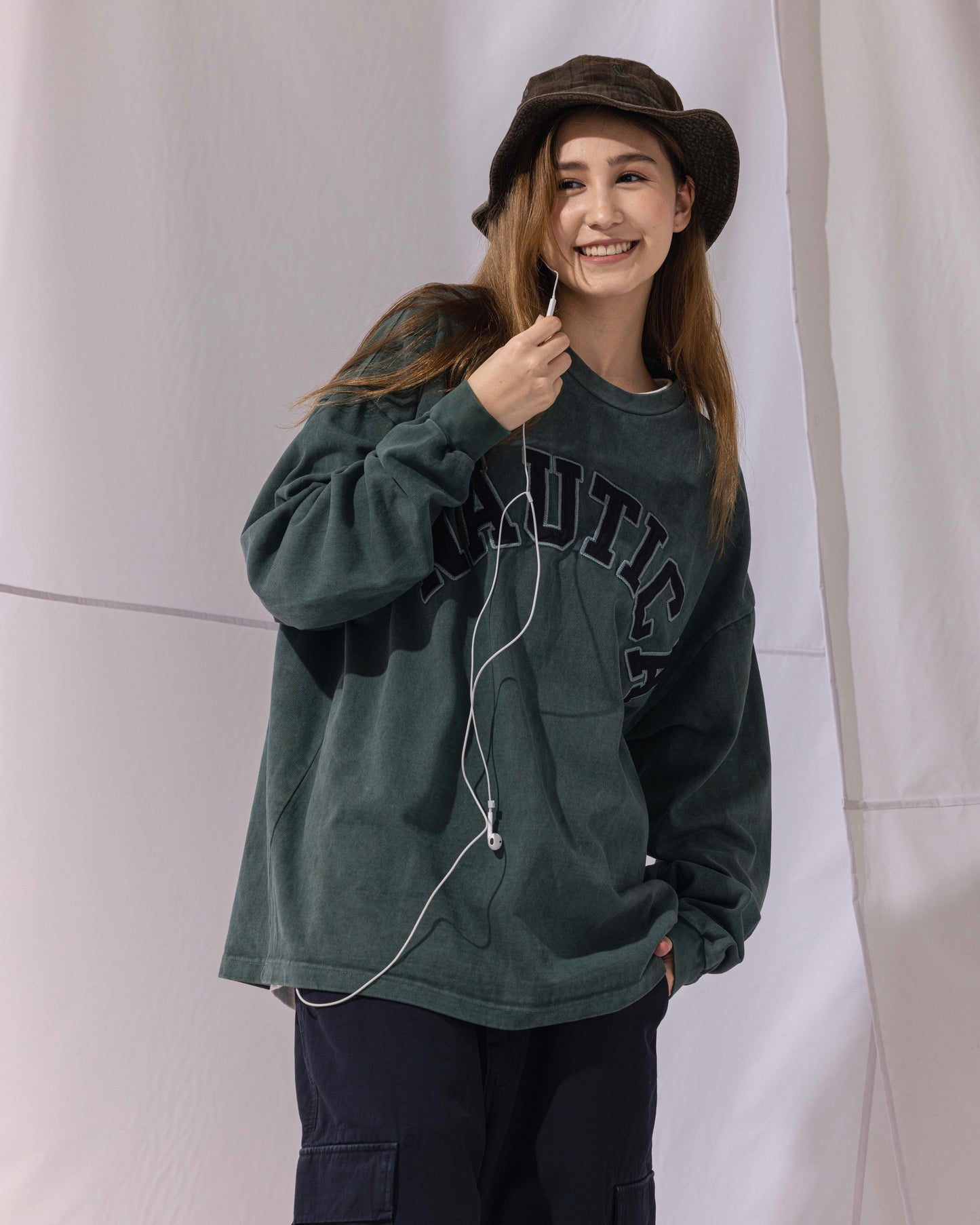 NAUTICA L/S T-SHIRTS TOO HEAVY GARMENT DYED ARCHLOGO L/S TEE (GREEN, 3UE)