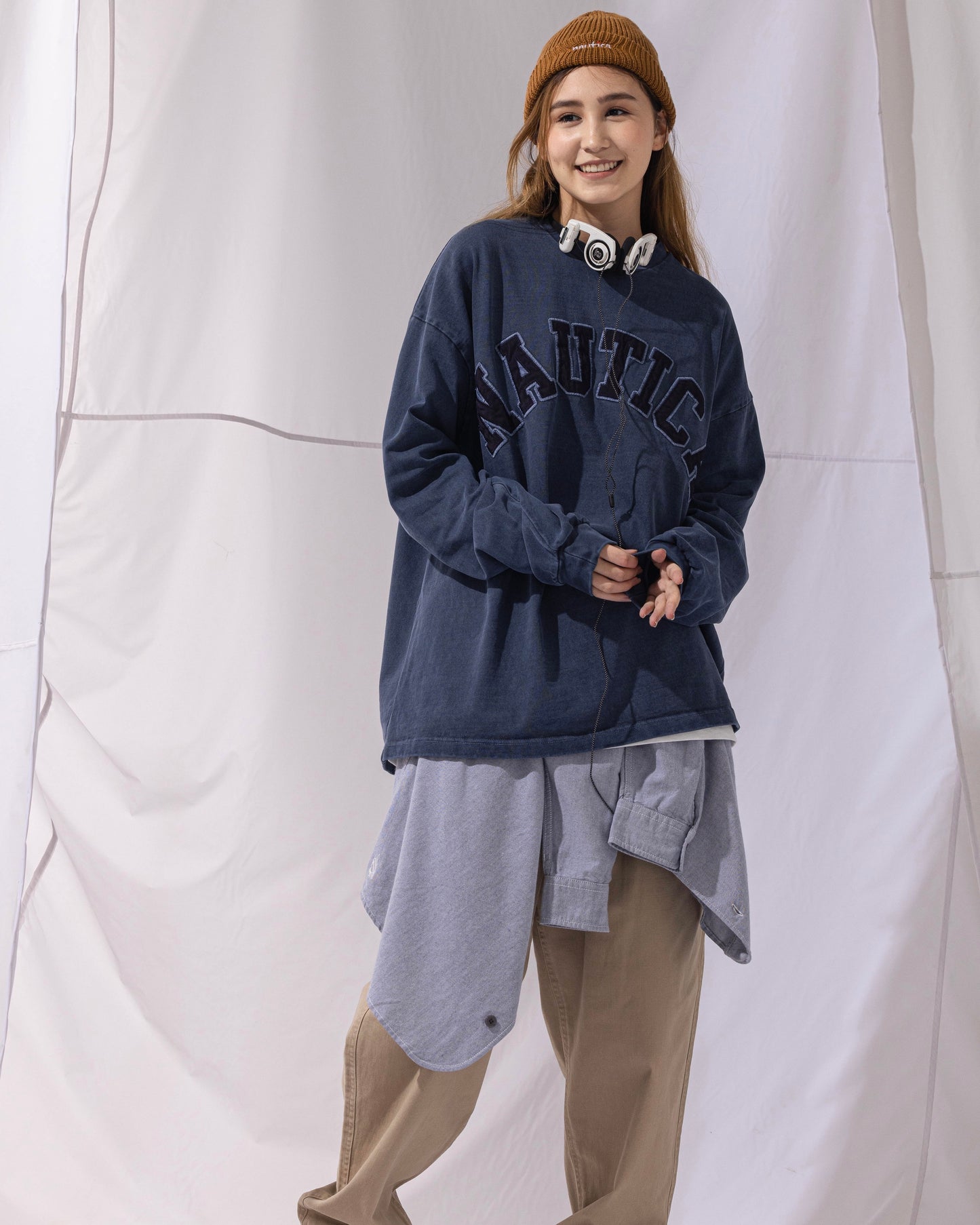 NAUTICA L/S T-SHIRTS TOO HEAVY GARMENT DYED ARCHLOGO L/S TEE (NAVY, 4NV)