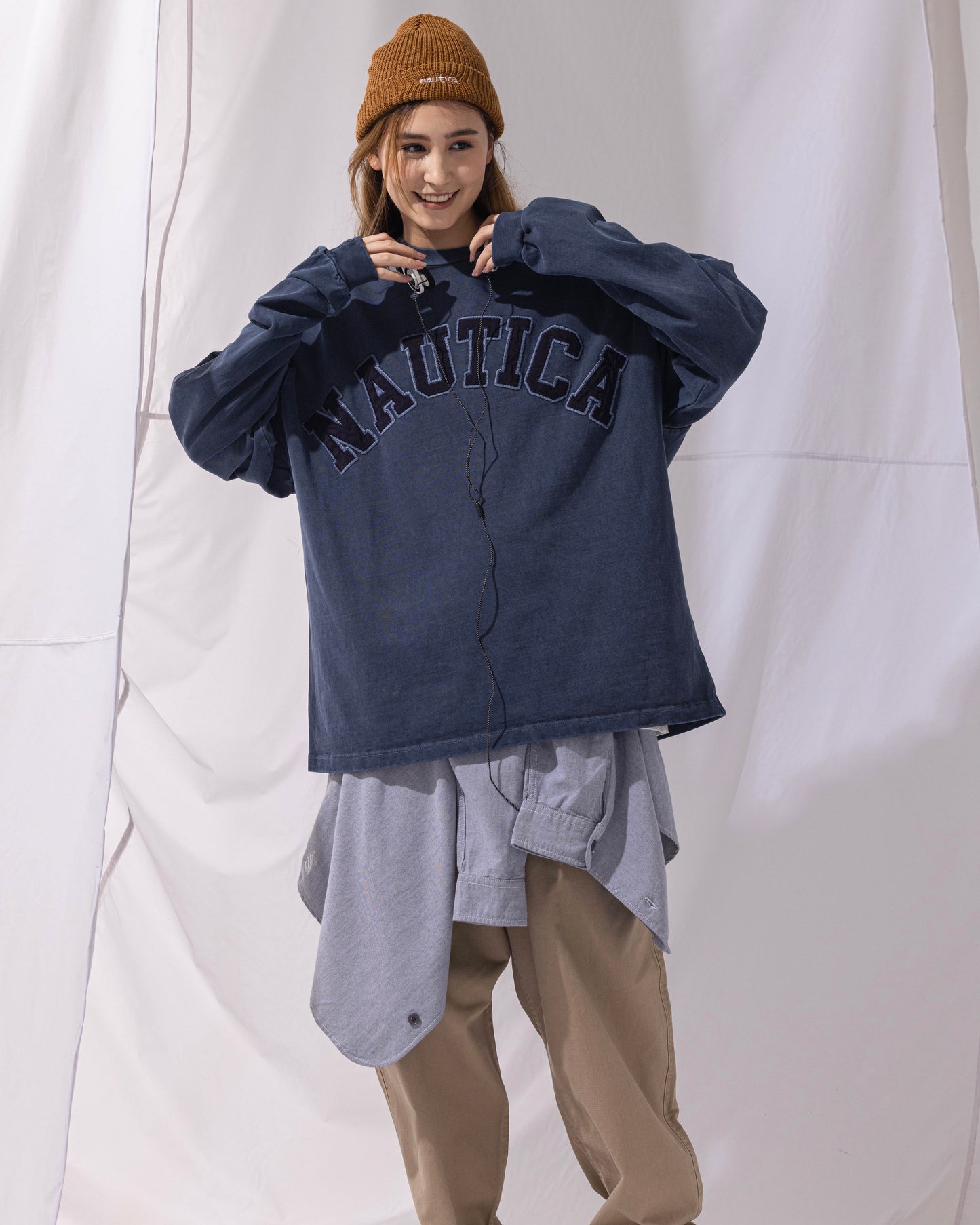 NAUTICA L/S T-SHIRTS TOO HEAVY GARMENT DYED ARCHLOGO L/S TEE (NAVY, 4NV)