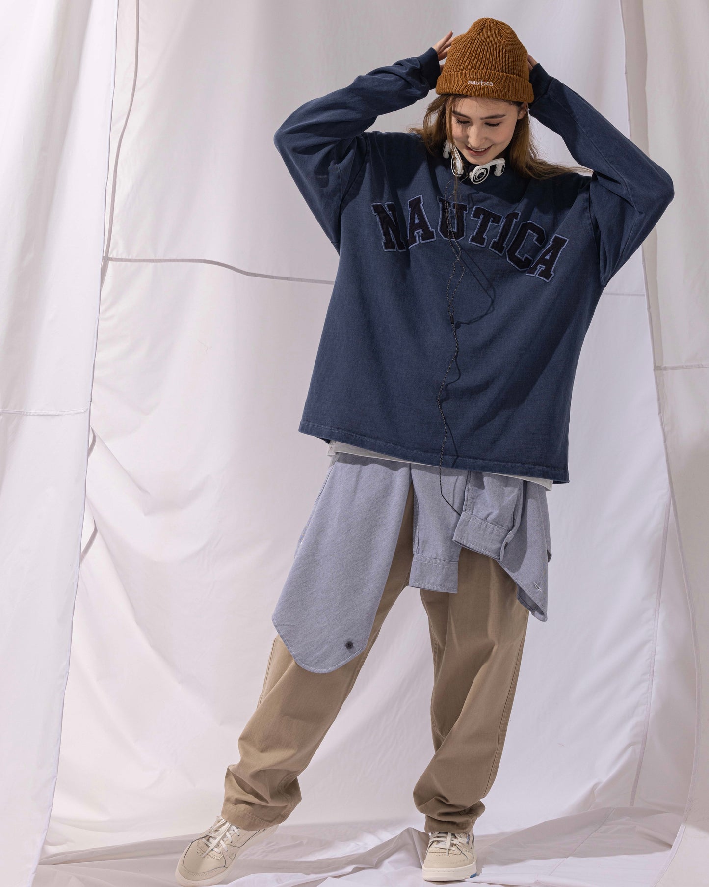 NAUTICA L/S T-SHIRTS TOO HEAVY GARMENT DYED ARCHLOGO L/S TEE (NAVY, 4NV)