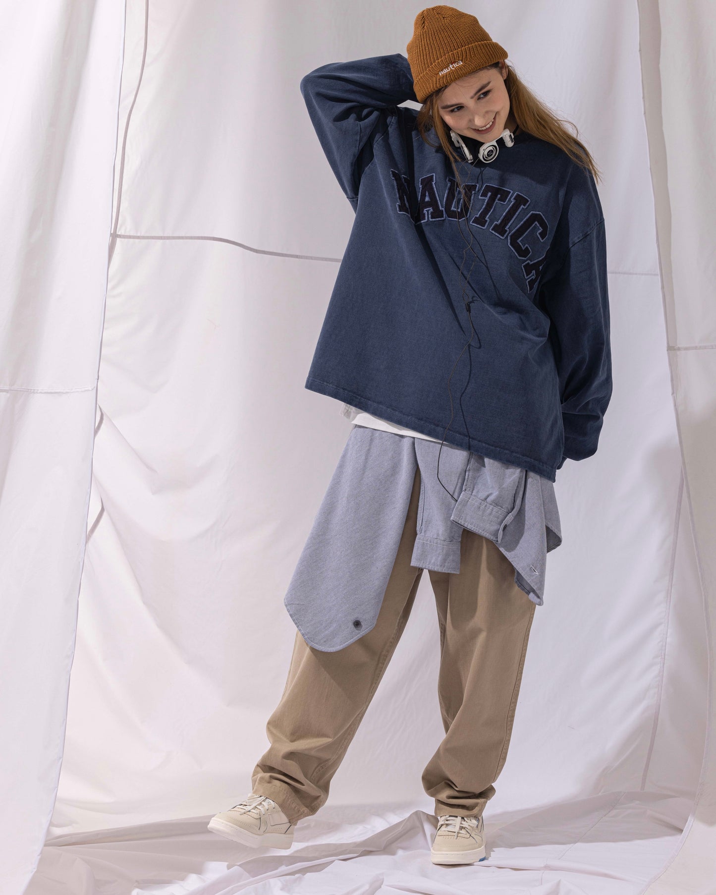 NAUTICA L/S T-SHIRTS TOO HEAVY GARMENT DYED ARCHLOGO L/S TEE (NAVY, 4NV)