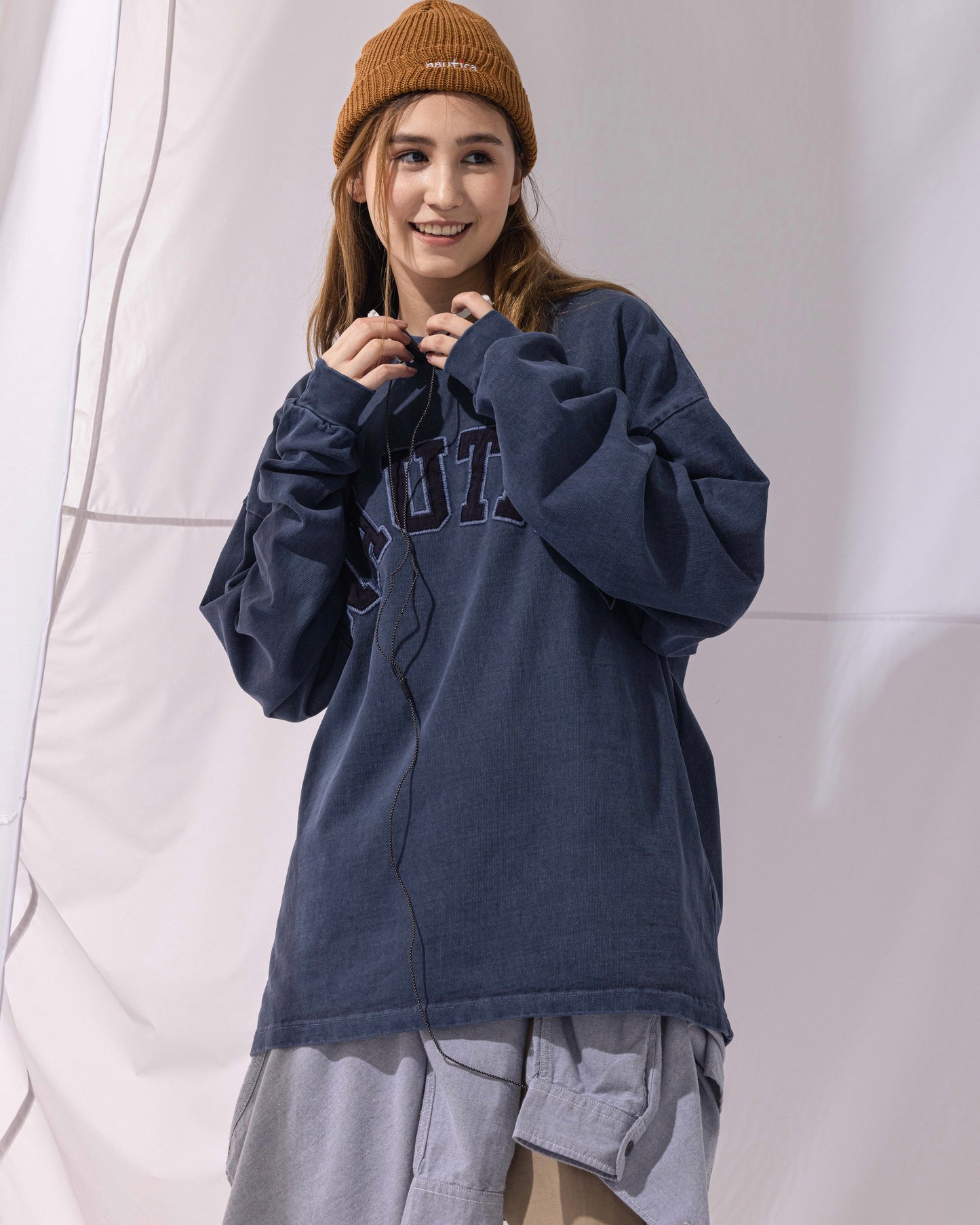 NAUTICA L/S T-SHIRTS TOO HEAVY GARMENT DYED ARCHLOGO L/S TEE (NAVY, 4NV)