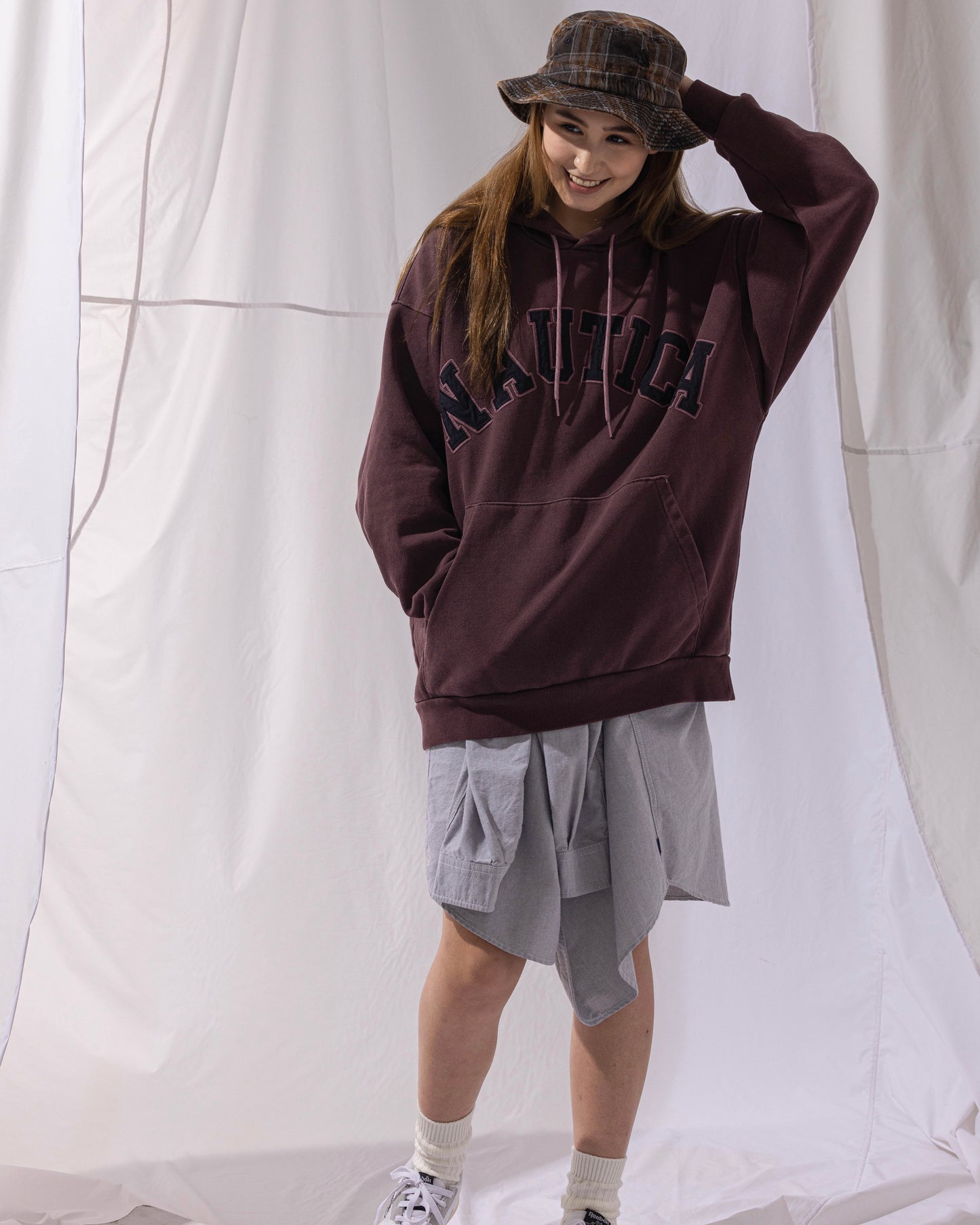 NAUTICA KNIT ACTIVE HEAVY WEIGHT SWEAT GARMENT DYED ARCHLOGO HOODIE (BURGUNDY, 6WW)