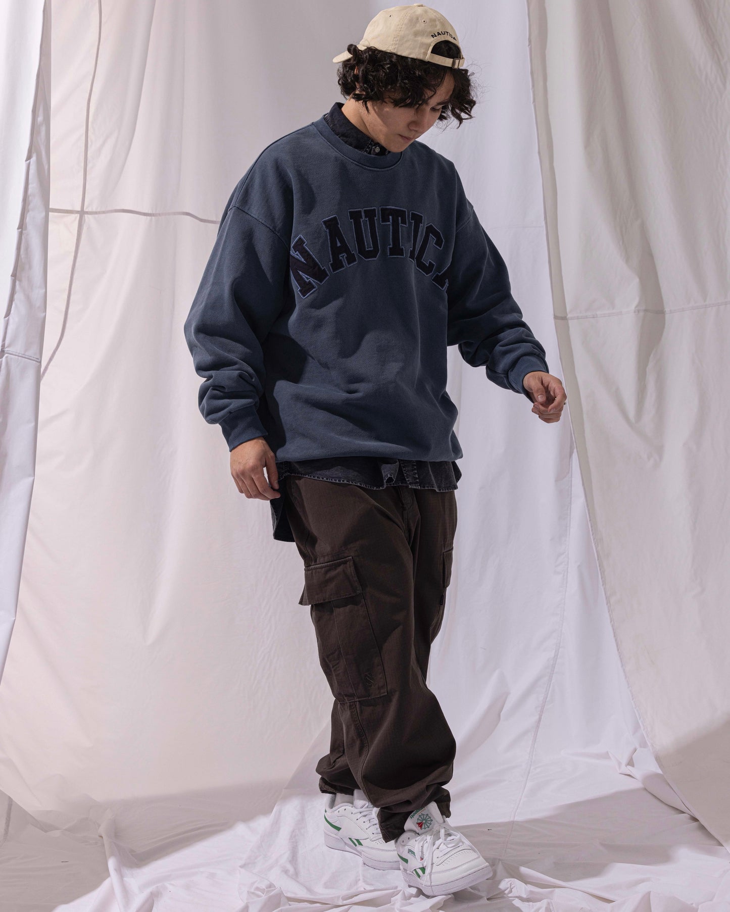 NAUTICA KNIT ACTIVE HEAVY WEIGHT SWEAT GARMENT DYED ARCHLOGO CREW (NAVY, 4NV)