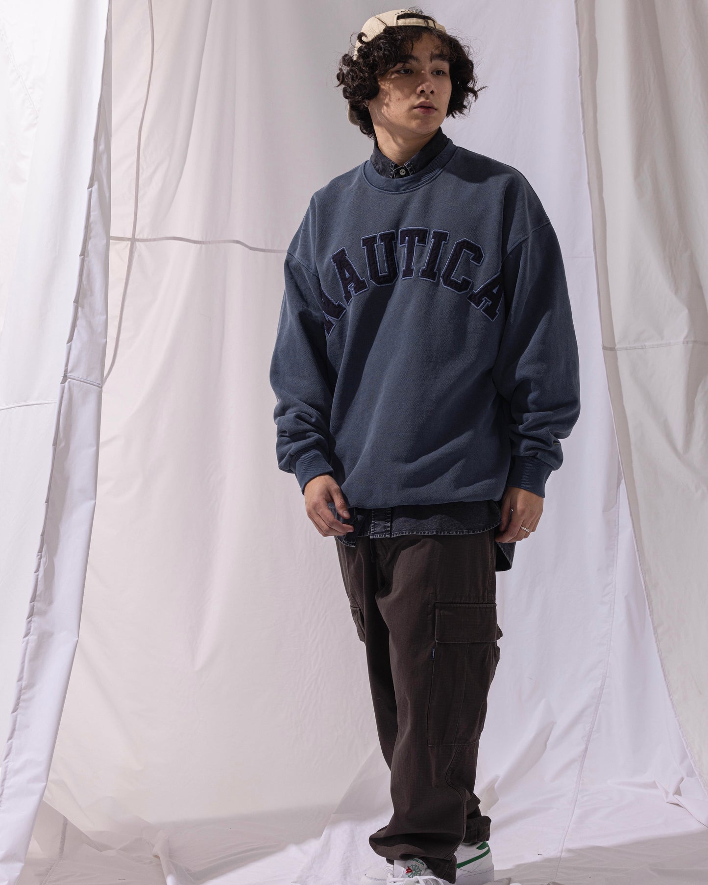 NAUTICA KNIT ACTIVE HEAVY WEIGHT SWEAT GARMENT DYED ARCHLOGO CREW (NAVY, 4NV)