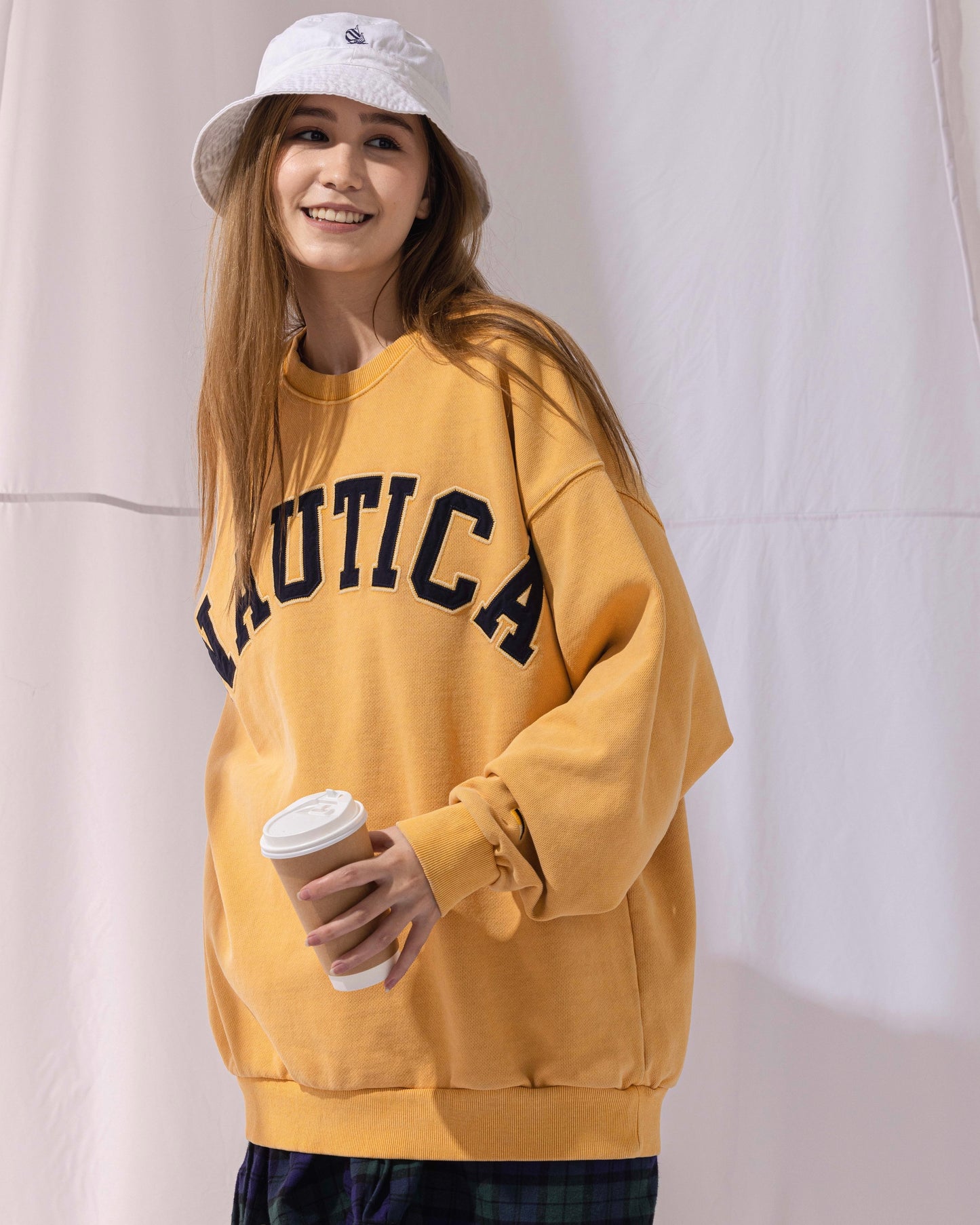 NAUTICA KNIT ACTIVE HEAVY WEIGHT SWEAT GARMENT DYED ARCHLOGO CREW (MASTARD, 7TW)