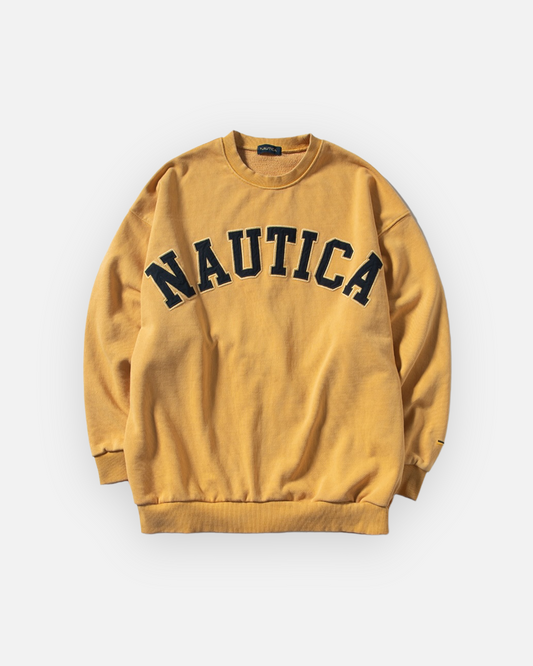NAUTICA KNIT ACTIVE HEAVY WEIGHT SWEAT GARMENT DYED ARCHLOGO CREW (MASTARD, 7TW)