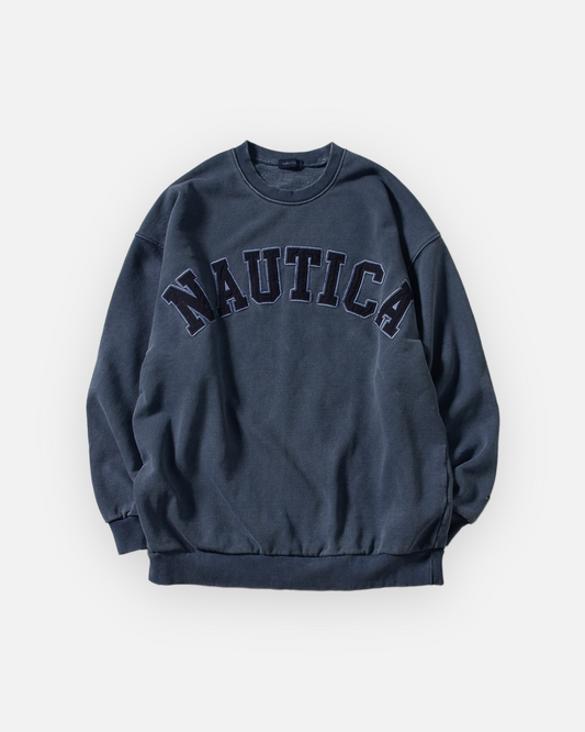 NAUTICA KNIT ACTIVE HEAVY WEIGHT SWEAT GARMENT DYED ARCHLOGO CREW (NAVY, 4NV)