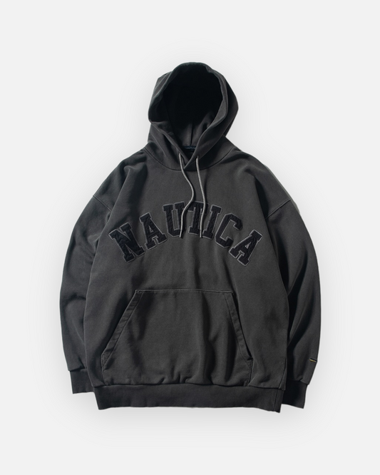 NAUTICA KNIT ACTIVE HEAVY WEIGHT SWEAT GARMENT DYED ARCHLOGO HOODIE (CHARCOAL, 01C)