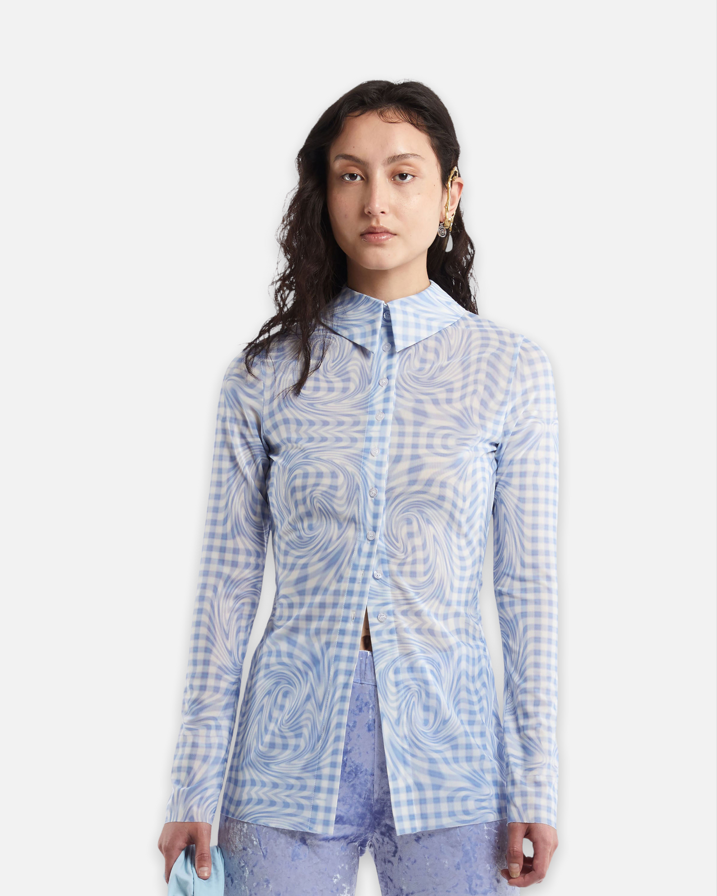 PAM CHASING CLOUDS MESH LS SHIRT (PINCHED GINGHAM)