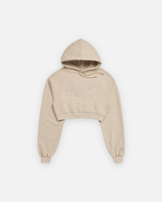 CURLY LOGO EMBOSS EMBROIDERY CROP TOP HOODIE BEIGE