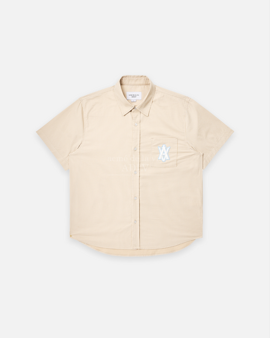 ADLV x LISA A LOGO EMBLEM PATCH STRIPE SHORT SLEEVE SHIRT (BEIGE)