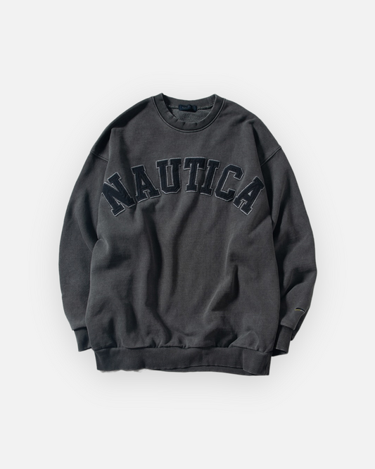 NAUTICA KNIT ACTIVE HEAVY WEIGHT SWEAT GARMENT DYED ARCHLOGO CREW (CHARCOAL, 01C)